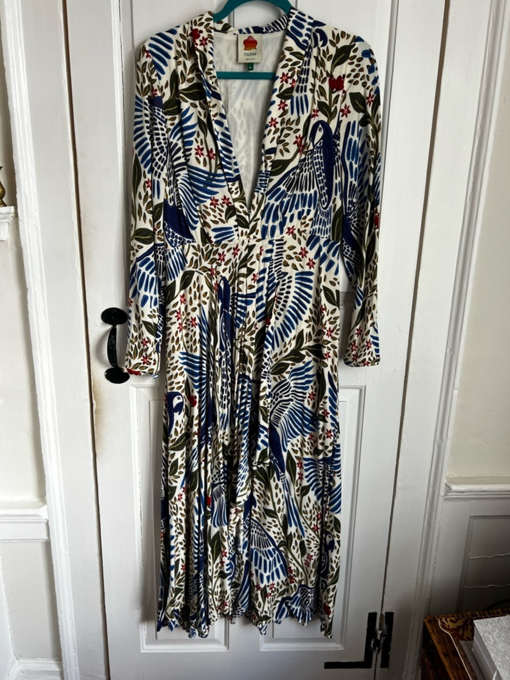 FARM Rio Cream Maxi Dress with Blue Bird & Olive Foliage Print